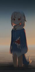 Rule 34 | 1girl, alternate eye color, alternate hair color, animal hood, blue hoodie, closed mouth, collarbone, commentary, darkzmonsty, drawstring, english commentary, fins, fish tail, gawr gura, gawr gura (1st costume), grey hair, hair ornament, highres, hololive, hololive english, hood, hood down, hoodie, horizon, long sleeves, looking at viewer, multicolored hair, ocean, red eyes, red hair, reflect (gawr gura), shark hair ornament, shark hood, shark tail, sleeves past fingers, sleeves past wrists, solo, standing, streaked hair, tail, two side up, virtual youtuber, wading, water