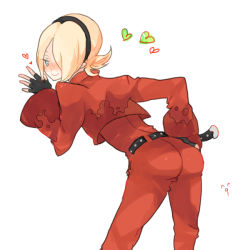 Rule 34 | 1boy, androgynous, ash crimson, ass, blonde hair, blue eyes, blush, fingerless gloves, freckles, gloves, hair over one eye, heart, kanameko, leaning, leaning forward, looking at viewer, male focus, pants, red pants, short hair, smile, snk, solo, the king of fighters, trap