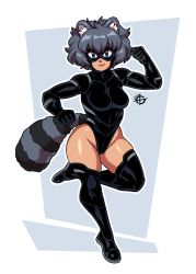Rule 34 | 1girl, absurdres, animal ears, arm up, blue eyes, boots, breasts, closed mouth, dark skin, dark-skinned female, full body, grey hair, highres, large breasts, looking at viewer, mask, messy hair, original, raccoon ears, raccoon girl, raccoon tail, short hair, smile, solo, taggo, tail, thigh boots, thighhighs, wide hips