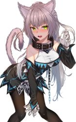 Rule 34 | 1girl, absurdres, ahoge, animal ears, atalanta (fate), atalanta alter (fate), atalanta alter (first ascension) (fate), bare shoulders, belt collar, black collar, black dress, black pantyhose, blush, braid, breasts, cat ears, cat tail, chain, claws, collar, dress, fate/apocrypha, fate (series), french braid, green eyes, grey hair, hair between eyes, highres, jun (aousa0328), long hair, long sleeves, looking at viewer, medium breasts, open mouth, pantyhose, simple background, solo, tail, white background