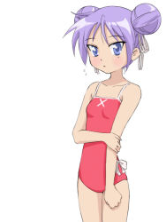Rule 34 | 00s, 1girl, alternate hairstyle, bare shoulders, blue eyes, bow, collarbone, cowboy shot, double bun, hair bun, hair ribbon, hiiragi kagami, lucky star, one-piece swimsuit, purple hair, red one-piece swimsuit, ribbon, shy, simple background, solo, swimsuit, takahashi ren, tsurime, white background
