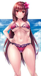 Rule 34 | 1girl, alternate costume, arm at side, ass, bare legs, bare shoulders, bikini, blush, bracelet, breasts, cleavage, cowboy shot, fate/grand order, fate (series), flower, gluteal fold, hair flower, hair intakes, hair ornament, hibiscus, highres, jewelry, large breasts, long hair, looking at viewer, nano (syoutamho), navel, pink bikini, purple bikini, purple hair, purple sarong, red eyes, sarong, scathach (fate), scathach (fate/grand order), scathach (swimsuit assassin) (fate), solo, sweat, swimsuit, thighs, underboob
