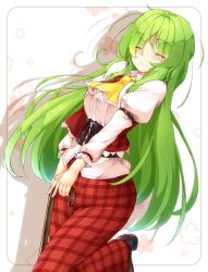 Rule 34 | 1girl, ^ ^, aka tawashi, arm belt, ascot, belt, blush, breasts, brown footwear, cane, closed eyes, commentary request, corset, eyes visible through hair, feet out of frame, green hair, hair between eyes, highres, holding, holding cane, juliet sleeves, kazami yuuka, kazami yuuka (pc-98), leg up, long hair, long sleeves, medium breasts, pants, plaid, plaid pants, plaid vest, puffy sleeves, red pants, red vest, shadow, shirt, shoes, sidelocks, smile, solo, standing, standing on one leg, thighs, touhou, touhou (pc-98), very long hair, vest, white background, white shirt, wing collar, yellow ascot