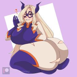 Rule 34 | 1girl, artist name, ass, blonde hair, blush, bluueygooey, bodysuit, boku no hero academia, breasts, domino mask, heart, highres, huge ass, huge breasts, long hair, looking at viewer, mask, mount lady, one eye closed, pink eyes, smile, solo, mount lady, thick thighs, thighs, torn clothes, wide hips, wink
