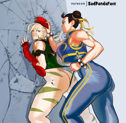 2girls ass blonde_hair breasts brown_hair butt_crack cammy_white capcom chun-li fighting huge_ass large_breasts leotard multiple_girls muscular muscular_female sadpandaface_(artist) street_fighter wedgie