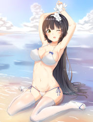 Rule 34 | 1girl, absurdres, armpits, arms up, bad id, bad pixiv id, beach, bikini, black hair, blue sky, blush, breasts, cameltoe, cleavage, cloud, covered erect nipples, day, fingerless gloves, flower, girls&#039; frontline, gloves, groin, hair flower, hair ornament, hairband, highres, large breasts, long hair, looking at viewer, navel, ocean, official alternate costume, one eye closed, open mouth, outdoors, sandals, side-tie bikini bottom, sitting, skindentation, sky, smile, solo, stomach, swimsuit, thighhighs, type 95 (girls&#039; frontline), type 95 (summer cicada) (girls&#039; frontline), very long hair, white bikini, white footwear, white gloves, white hairband, white thighhighs, xue lu, yellow eyes, yokozuwari