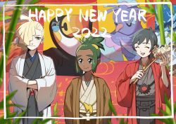 Rule 34 | 2022, 3boys, ahoge, alternate costume, blonde hair, brown jacket, closed mouth, commentary request, creatures (company), dark-skinned male, dark skin, ear piercing, elio (pokemon), framed, game freak, gen 1 pokemon, gen 7 pokemon, gladion (pokemon), green eyes, grey kimono, hair over one eye, hakama, happy new year, hau (pokemon), holding, jacket, japanese clothes, kimono, male focus, meowth, mugiccha2, multiple boys, new year, nintendo, oricorio, piercing, pokemon, pokemon sm, red jacket, short hair, smile, themed object, toucannon, white jacket