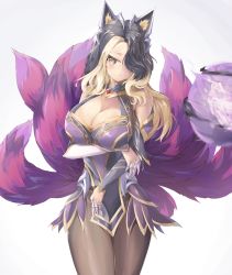Rule 34 | 1girl, absurdres, ahri (league of legends), animal ears, black hair, black legwear, blonde hair, blush, breasts, claw ring, cleavage, fox ears, fox tail, hair over one eye, highres, korean commentary, large breasts, league of legends, looking at viewer, multicolored hair, multiple tails, simple background, skull, solo, tagme, tail, two-tone hair, wavy hair, white background, yellow eyes