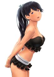 Rule 34 | 1girl, :d, alternate costume, arms behind back, bare arms, bare legs, bare shoulders, bikini, black bikini, black hair, blue eyes, blush, breasts, cleavage, female focus, frilled bikini, frilled swimsuit, frills, from side, hair between eyes, hair ribbon, highres, houshou (kancolle), kantai collection, legs, long hair, looking at viewer, medium breasts, neck, open mouth, ponytail, ribbon, simple background, smile, solo, strapless, strapless bikini, swimsuit, twitter username, wa (genryusui), white background, white ribbon