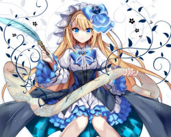Rule 34 | 1girl, absurdres, blonde hair, blue bow, blue bowtie, blue eyes, blue flower, blue rose, blush, bow, bowtie, brooch, center frills, closed mouth, commentary request, corset, dress, feathers, feet out of frame, flower, frilled dress, frilled sleeves, frills, fuepo, gem, hair between eyes, hair bow, hair ornament, hairclip, highres, holding, invisible chair, jewelry, juliet sleeves, knees together feet apart, layered dress, layered sleeves, long hair, long sleeves, looking at viewer, multicolored clothes, multicolored dress, original, plant, puffy sleeves, rose, scroll, sitting, smile, solo, veil, vines, waist cape, white background, white dress, wide sleeves, x hair ornament