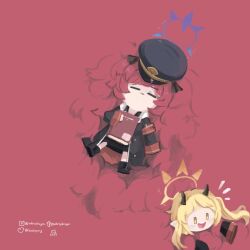 Rule 34 | 2girls, absurdly long hair, armband, black headwear, black horns, black shirt, blonde hair, blue archive, book, chibi, closed mouth, full body, halo, hat, highres, holding, holding book, horns, ibuki (blue archive), instagram username, iroha (blue archive), jacket, long hair, long sleeves, military, military hat, military jacket, military uniform, multiple girls, open mouth, peaked cap, pointy ears, red armband, red hair, shirt, too much fluff, tumblr username, twitter username, uniform, very long hair, wavy hair, whitydragon, wide sleeves, yellow eyes