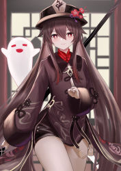 Rule 34 | 1girl, black shorts, brown hair, chinese clothes, closed mouth, coattails, cowboy shot, flower, genshin impact, gesture request, ghost, hair between eyes, hand up, hat, hat flower, highres, holding, holding polearm, holding weapon, hu tao (genshin impact), jewelry, long hair, looking at viewer, multiple rings, natsuki (natukituki), plum blossoms, polearm, porkpie hat, red eyes, ring, shorts, solo, symbol-shaped pupils, tassel, thighs, twintails, very long hair, weapon, wide sleeves