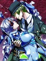 Rule 34 | 1boy, 1girl, ahoge, arc system works, bad id, bad pixiv id, belt, blazblue, blue hair, bodysuit, braid, breasts, cape, crotch plate, evil smile, eyepatch, formal, gloves, glowing, green hair, half-closed eyes, hat, hazama, impossible clothes, large breasts, long hair, matibou, multiple belts, nail polish, necktie, nu-13, purple background, red eyes, skin tight, smile, suit, yellow eyes