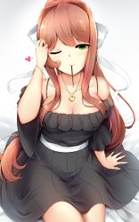 Rule 34 | 1girl, absurdly long hair, absurdres, black dress, bow, breasts, brown hair, cleavage, collarbone, cowboy shot, doki doki literature club, dress, food, green eyes, hair bow, hand in own hair, highres, jewelry, large breasts, long hair, monika (doki doki literature club), necklace, one eye closed, pocky, simple background, sitting, solo, tsukimaru, very long hair, white background