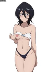 Rule 34 | 1girl, absurdres, bikini, bikini top lift, black hair, bleach, blue eyes, blush, breasts, closed mouth, clothes lift, collarbone, highres, kuchiki rukia, lifting own clothes, looking at viewer, medium breasts, mistowing, navel, nipples, one breast out, short hair, simple background, solo, standing, swimsuit, white background