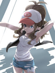 Rule 34 | angry, armpits, arms up, bare arms, bare shoulders, baseball cap, black vest, blue eyes, brown hair, closed mouth, creatures (company), curly hair, cutoffs, denim, denim shorts, exposed pocket, game freak, hat, high ponytail, highres, hilda (pokemon), itsudzumi, long hair, looking at viewer, nintendo, pokemon, pokemon bw, shirt, short shorts, shorts, sidelocks, simple background, sleeveless, sleeveless shirt, tank top, vest, white shirt, wristband