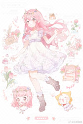 &gt;_&lt; 1girl :o ahoge animal ankle_socks bare_arms boots bouquet bow bowtie brown_eyes brown_footwear bug butterfly butterfly_hair_ornament cat character_doll chibi cloak clothed_animal cloud commission dress ear_covers envelope eyelashes floating_clothes floating_hair floral_print flower frilled_dress frilled_sleeves frilled_socks frills full_body hair_flower hair_ornament head_wreath highres holding holding_bouquet hood hood_up hooded_cloak inkwell insect leg_up letter lid light_blush long_hair looking_ahead mailbox_(incoming_mail) medium_dress miniskirt miracle_nikki momo_(nikki) multiple_views nikki_(nikki) nikki_(series) open_mouth pink_butterfly pink_flower pink_hair pleated_dress pleated_skirt purple_bow purple_skirt purple_sleeves red_bow red_bowtie sample_watermark second-party_source short_sleeves sidelocks simple_background skirt smile socks too_many_watermarks tulip very_long_hair waist_bow watermark wavy_hair weibo_watermark white_background white_cat white_dress white_flower white_socks yellow_cloak yidun_chishiwan