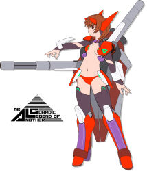 Rule 34 | 1girl, black thighhighs, breasts, brown hair, cannon, detached sleeves, flat color, guardic gaiden, highres, logo, mecha musume, navel, panties, red panties, short hair, small breasts, solo, system d.p., thighhighs, toizumi, underwear