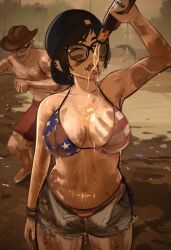Rule 34 | 1girl, 2boys, ^ ^, absurdres, alcohol, alligator, american flag, american flag bikini, backwards hat, baseball cap, beer bottle, belly, bikini, black eyes, black hair, bottle, breasts, cleavage, closed eyes, cosplay, cowboy hat, cowboy shot, crocodilian, denim, denim shorts, dirty, dirty clothes, drunk, flag print, glasses, grand theft auto, grand theft auto vi, happy, hat, highres, holding, holding bottle, incoming attack, incoming punch, large breasts, mud, multiple boys, navel, open fly, original, pouring, pouring onto self, puddle, punching, redneck girl (gta vi), redneck girl (gta vi) (cosplay), rosen (veyonis), short hair, shorts, sidelocks, standing, swimsuit, tinted eyewear, tongue, tongue out, veyonis, wet