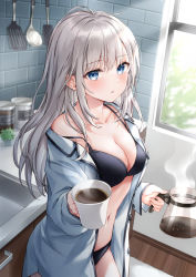 Rule 34 | 1girl, bare shoulders, black bra, black panties, blue eyes, bra, breasts, cleavage, coffee, coffee pot, collarbone, commentary request, cowboy shot, cup, day, grey hair, higeneko, highres, holding, indoors, jacket, long hair, long sleeves, looking at viewer, medium breasts, navel, off shoulder, open clothes, open jacket, original, panties, parted lips, sidelocks, solo, spaghetti strap, standing, steam, stomach, strap slip, underwear, white jacket