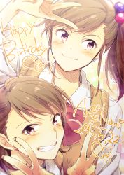 Rule 34 | 2015, 2girls, :3, bow, bowtie, brown eyes, brown hair, character name, dated, double v, futami ami, futami mami, grin, hair bobbles, hair ornament, happy birthday, heart, idolmaster, idolmaster (classic), long hair, looking at viewer, looking to the side, multiple girls, red bow, red neckwear, shirt, short hair, siblings, side ponytail, sisters, smile, swept bangs, upper body, v, vest, white shirt, yellow vest