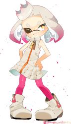 Rule 34 | 1girl, ;d, bad id, bad pixiv id, bare shoulders, boots, crown, dress, fang, full body, hand on own hip, highres, inkling, looking at viewer, mole, mole under mouth, nintendo, one eye closed, open mouth, pearl (splatoon), pink legwear, shoes, short eyebrows, simple background, sleeveless, sleeveless dress, smile, solo, splatoon (series), splatoon 2, standing, symbol-shaped pupils, tentacle hair, white background, white hair, yellow eyes, zipper