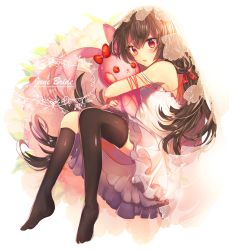 Rule 34 | 10s, 1girl, asymmetrical legwear, bad id, bad pixiv id, black hair, bridal veil, dress, hair ribbon, isokaze (kancolle), kantai collection, kneehighs, long hair, red eyes, ribbon, single kneehigh, single sock, single thighhigh, socks, solo, stuffed animal, stuffed rabbit, stuffed toy, thighhighs, tress ribbon, uneven legwear, veil, wedding dress, yakusuke