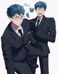 Rule 34 | 1boy, ^ ^, black gloves, black jacket, black necktie, black pants, blue hair, brown eyes, brown footwear, closed eyes, closed mouth, collared shirt, commentary request, fate/grand order, fate (series), feet out of frame, formal, glasses, gloves, grey background, highres, jacket, looking at viewer, male focus, multiple views, necktie, open mouth, pants, ponytail, saitou hajime (fate), shirt, short hair, simple background, smile, solo, teeth, twitter username, upper teeth only, white shirt, ykhvmm