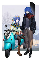 Rule 34 | 2girls, arlizi, black footwear, black jacket, black pantyhose, blue hair, bocchi the rock!, boots, brown footwear, brown pants, casual, closed mouth, crossover, full body, grey vest, hands in pockets, hat, highres, jacket, long hair, long sleeves, mole, mole under eye, motor vehicle, motorcycle, multiple girls, on vehicle, pants, pantyhose, purple eyes, scarf, shima rin, shirt, shoes, short hair, smile, standing, trait connection, vest, white shirt, yamada ryo, yellow eyes, yurucamp