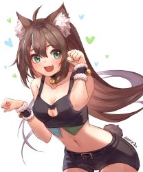 Rule 34 | 1girl, :d, ahoge, animal ear fluff, animal ears, arms up, artist name, bare shoulders, bell, black shorts, breasts, brown hair, cat cutout, cat ears, chiiririn, cleavage, cleavage cutout, clothing cutout, collarbone, commentary, crop top, english commentary, fang, fingernails, green eyes, green nails, hand up, highres, long hair, medium breasts, nail polish, navel, neck bell, open mouth, original, paw pose, short shorts, shorts, sidelocks, skin fang, smile, solo, stomach, tail, very long hair, wrist cuffs