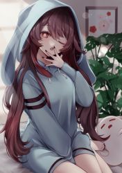 Rule 34 | 1girl, ;o, absurdres, animal hood, asahi (vjss4548), bed, black nails, blue hoodie, brown hair, rabbit hood, closed mouth, feet, full body, genshin impact, ghost, hand on own face, highres, hood, hood up, hoodie, hu tao (genshin impact), indoors, long hair, long sleeves, looking at viewer, lying, nail polish, on bed, one eye closed, open mouth, plant, red eyes, star-shaped pupils, star (symbol), symbol-shaped pupils, toenail polish, toenails, toes, twintails, waking up