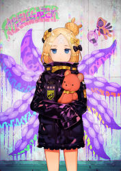 Rule 34 | 1girl, :&lt;, abigail williams (fate), abigail williams (traveling outfit) (fate), alternate hairstyle, bandaid, bandaid on face, bandaid on forehead, belt, black bow, black jacket, blonde hair, blue eyes, blush, bow, closed mouth, cowboy shot, fate/grand order, fate (series), forehead, hair bow, hair bun, high collar, highres, holding, holding stuffed toy, jacket, lavinia whateley (fate), long hair, long sleeves, looking at viewer, hugging object, official alternate costume, orange bow, parted bangs, polka dot, polka dot bow, single hair bun, sleeves past fingers, sleeves past wrists, solo, standing, stuffed animal, stuffed toy, suction cups, teddy bear, tentacles, tetsubuta, thighs