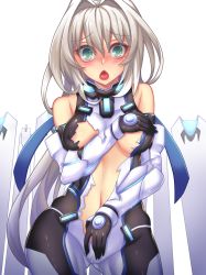 Rule 34 | 10s, 1girl, aqua eyes, areola slip, bare shoulders, blush, bodysuit, breasts, chestnut mouth, covered erect nipples, covering breasts, covering crotch, covering privates, elbow gloves, emilia hermit, fi-san, gloves, gluteal fold, highres, hundred (light novel), long hair, looking at viewer, navel, silver hair, smile, solo, teeth, tongue, torn bodysuit, torn clothes, transparent background