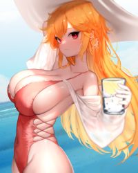 Rule 34 | 1girl, absurdres, arm up, azur lane, backless swimsuit, bbolalus, blonde hair, blush, breasts, cleavage, covered navel, cup, drinking glass, highres, holding, holding cup, large breasts, long hair, looking at viewer, official alternate costume, one-piece swimsuit, pink one-piece swimsuit, red eyes, richelieu (azur lane), richelieu (fleuron of the waves) (azur lane), side-tie swimsuit, skindentation, solo, swimsuit, white headwear