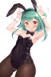 Rule 34 | 1girl, animal ears, arms up, black bow, black bowtie, black leotard, black pantyhose, blush, bow, bowtie, breasts, cleavage, commentary request, covered navel, cowboy shot, double bun, dutch angle, fake animal ears, flying sweatdrops, green hair, hair bun, hair ornament, hairband, hololive, leotard, looking at viewer, medium hair, nikoo, pantyhose, playboy bunny, rabbit ears, red eyes, revision, simple background, skull hair ornament, small breasts, solo, thighs, uruha rushia, virtual youtuber, white background, white wrist cuffs, wrist cuffs