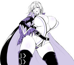 Rule 34 | 1girl, belt, boots, breasts, bursting breasts, cape, cleavage, curvy, from below, genderswap, genderswap (mtf), gloves, hand on own hip, huge breasts, limited palette, looking at viewer, monochrome, no bra, panties, parted lips, revealing clothes, richard (tales), shiny skin, short hair, simple background, solo, tales of (series), tales of graces, thigh boots, thighhighs, thighs, underwear, usagi nagomu, white background