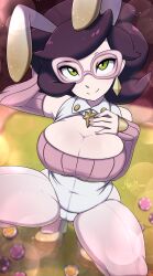 Rule 34 | 1girl, animal ears, arm up, artist name, black hair, breasts, cameltoe, cleavage, colored skin, covered navel, creatures (company), earrings, game freak, glasses, green eyes, grey-framed eyewear, hand up, highres, jewelry, large breasts, leotard, medium hair, merunyaa, nintendo, pink nails, pokemon, pokemon sm, poker chip, rabbit ears, shoes, signature, sleeves past wrists, smile, solo, squatting, white leotard, white skin, wicke (pokemon)