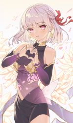 Rule 34 | 1girl, absurdres, armlet, armor, bare shoulders, bikini armor, blush, bracelet, breasts, collar, detached sleeves, dress, earrings, fate/grand order, fate (series), floral print, hair ribbon, heart, heart hands, highres, jewelry, kama (fate), kama (first ascension) (fate), looking at viewer, metal collar, miniskirt, open mouth, pelvic curtain, petals, purple dress, purple skirt, purple sleeves, red eyes, red ribbon, ribbon, ring, short hair, silver hair, skirt, small breasts, smile, thighhighs, thighs, yozora (1wkdgusdn)
