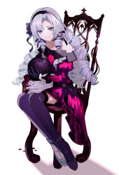 Rule 34 | 1girl, absurdres, bare shoulders, black gloves, black hairband, blood, bow, chair, chest tattoo, choker, dress, drill hair, gloves, grey hair, hair bow, hair ribbon, hairband, hell fuuna, highres, holding head, hyakumantenbara salome, hyakumantenbara salome (1st costume), legs together, long hair, long sleeves, nijisanji, off-shoulder dress, off shoulder, parted bangs, puffy long sleeves, puffy sleeves, purple bow, purple dress, purple eyes, purple ribbon, purple thighhighs, ribbon, severed head, sitting, smile, tattoo, thighhighs, very long hair, virtual youtuber