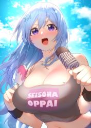 Rule 34 | 1girl, :d, bare shoulders, black shirt, blue hair, breasts, cleavage, clothes writing, cloud, collarbone, crop top, day, dripping, emori miku, food, hair ornament, highres, holding, karinto yamada, large breasts, liver city, long hair, midriff, navel, open mouth, outdoors, popsicle, purple eyes, shirt, skindentation, sleeveless, sleeveless shirt, smile, solo, spaghetti strap, sunlight, sweat, sweatband, upper body