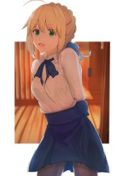 Rule 34 | 1girl, absurdres, ahoge, apron, artoria pendragon (all), artoria pendragon (fate), blonde hair, blue apron, blue ribbon, braid, breasts, commentary request, dress, fate/stay night, fate (series), green eyes, hair ribbon, highres, homura0620alicia, looking at viewer, medium breasts, open mouth, pantyhose, ribbon, saber (fate), shirt, short hair, smile, solo, weapon, white shirt