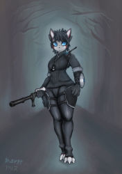 Rule 34 | 1girl, artist name, badge, barefoot, baton, black hair, blue eyes, claws, female focus, forest, full body, furry, furry female, highres, holding, holding weapon, inaret, jacket, leggings, nature, original, outdoors, police, police badge, science fiction, shield, short hair, solo, thick thighs, thighs, walkie-talkie, weapon, wide hips