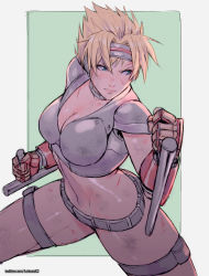 Rule 34 | 1girl, blonde hair, blue eyes, breasts, character request, cleavage, closed mouth, commentary request, commission, gloves, large breasts, midriff, rejean dubois, short hair, solo, spiked hair, thigh strap, tonfa, weapon