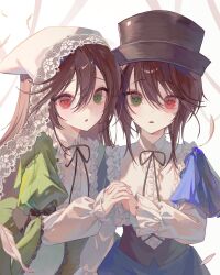 2girls :o brown_hair collared_shirt dress falling_feathers feathers frills green_dress green_eyes gyun0508 hat heterochromia highres holding_hands lace-trimmed_headwear lace_lappet lace_trim lolita_fashion long_hair long_sleeves looking_at_viewer medium_hair multiple_girls neck_ribbon red_eyes ribbon rozen_maiden shirt siblings sisters souseiseki suiseiseki twins upper_body white_coif worried