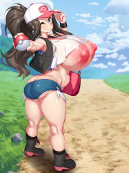 Rule 34 | 1girl, ass, baseball cap, blue eyes, breast expansion, breasts, breasts out, brown hair, butt crack, cloud, cloudy sky, creatures (company), crop top, denim, denim shorts, game freak, gigantic breasts, grass, hat, highres, hilda (pokemon), holding, holding poke ball, huge areolae, huge breasts, huge nipples, kawahagitei, long hair, looking at viewer, navel, nintendo, nipples, one eye closed, outdoors, perky breasts, pink bag, poke ball, poke ball (basic), poke ball print, pokemon, pokemon bw, ponytail, puffy nipples, road, short shorts, shorts, sky, sleeveless, smile, solo, standing, tank top, thick thighs, thighs, white tank top, wink, wristband