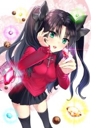 Rule 34 | 1girl, bad perspective, black hair, black skirt, black thighhighs, blue eyes, blush, breasts, chocolate, fate/stay night, fate (series), gem, long hair, looking at viewer, open mouth, ribbon, skirt, solo, sweater, tamaki mitsune, thighhighs, tohsaka rin, two side up