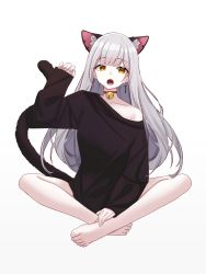 Rule 34 | 1girl, absurdres, animal ears, bare legs, barefoot, bell, black shirt, blunt bangs, breasts, cat ears, cat girl, cat tail, choker, collarbone, cross, cross earrings, earrings, extra ears, fangs, full body, grey hair, hand on own foot, hand up, highres, indian style, jewelry, kano (wi3028), long hair, long sleeves, looking at viewer, loose clothes, loose shirt, naked shirt, neck bell, open mouth, original, oversized clothes, oversized shirt, shirt, shirt slip, simple background, sitting, solo, tail, white background, yellow eyes