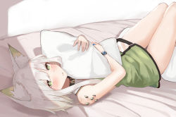 Rule 34 | 1girl, animal ear fluff, animal ears, arknights, bare arms, bare shoulders, bed, blush, dress, green dress, green eyes, highres, holding, hugging object, kal&#039;tsit (arknights), kashiyarrm, looking at viewer, lying, material growth, on back, oripathy lesion (arknights), parted lips, pillow, pillow hug, short dress, short hair, silver hair, solo, thighs, watch, white background, wristwatch