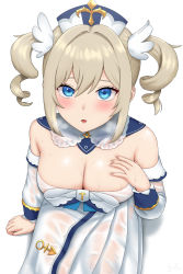 Rule 34 | 1girl, 1nilla&#039;, :o, absurdres, barbara (genshin impact), bare shoulders, blonde hair, blue eyes, blush, breasts, cleavage, dress, drill hair, genshin impact, hair ornament, half-closed eyes, hand on own chest, hat, highres, long sleeves, looking at viewer, medium breasts, open mouth, simple background, sitting, twin drills, twintails, wet, white background, white dress