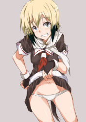 Rule 34 | 1girl, bad id, bad pixiv id, black serafuku, black skirt, blonde hair, blue eyes, clothes lift, colored tips, commentary request, cosplay, cowboy shot, dog tail, erica hartmann, gluteal fold, grey background, grin, kantai collection, lifting own clothes, looking at viewer, lowleg, lowleg panties, multicolored hair, navel, neckerchief, panties, pleated skirt, red neckerchief, scarf, school uniform, serafuku, shino (ten-m), short hair, simple background, skirt, skirt lift, smile, solo, strike witches, tail, translation request, underwear, white panties, white scarf, world witches series, yuudachi (kancolle), yuudachi (kancolle) (cosplay)